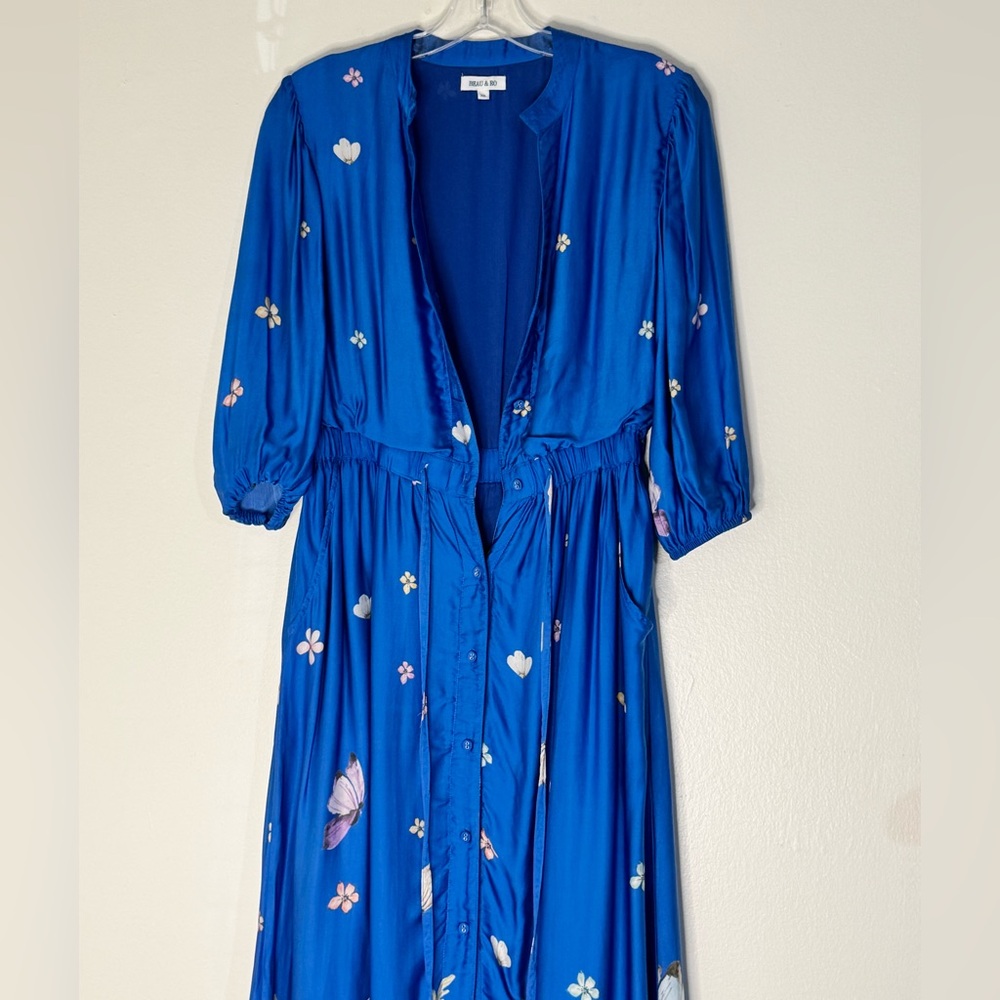 SOLD!!!! Blue Maxi Dress with Plunge Neckline and Bishop Sleeves